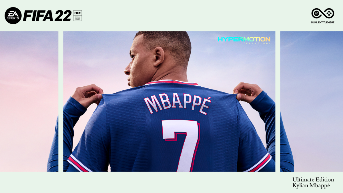 Capa do jogo Fifa 2022, com o jogador Mbappé de costas mostrando a camisa